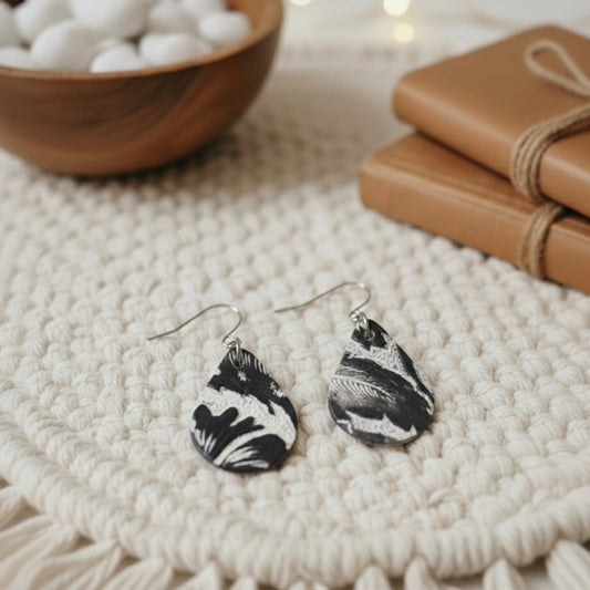 Small Teardrop Earrings: Cream & Black Tooled