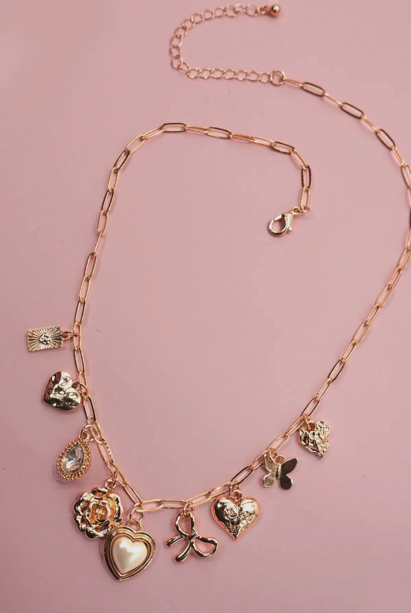 Bow Heart Rhinestone Flower Charm Necklace
