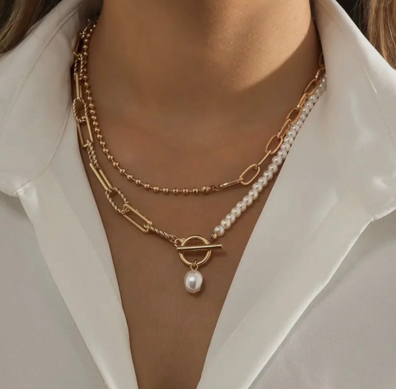 Pearl Mix Double Layer Toggle
Necklace