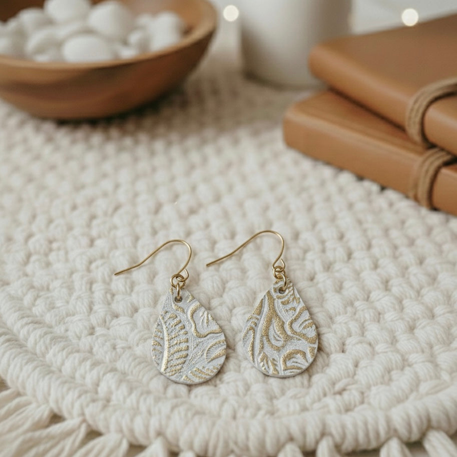 Small Teardrop Earrings: Cream & Platinum Tooled