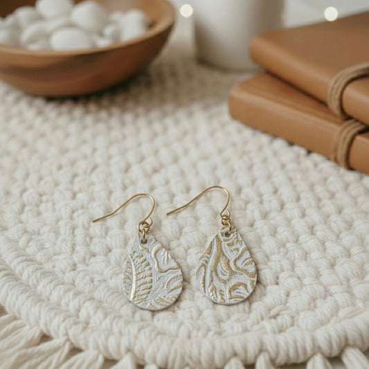 Small Teardrop Earrings: Cream & Platinum Tooled