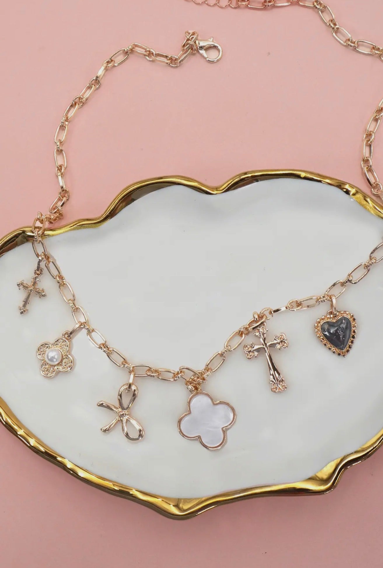 Clover Bow Cross Heart Flower Charm Necklace
