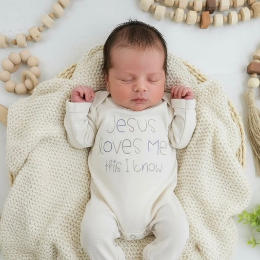 Jesus Loves Me Embroidered Romper-Blue