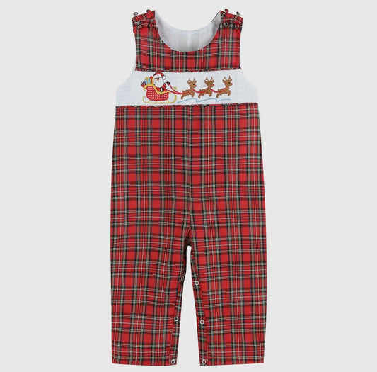 Red Christmas Plaid Santa Sleigh Smocked Overalls