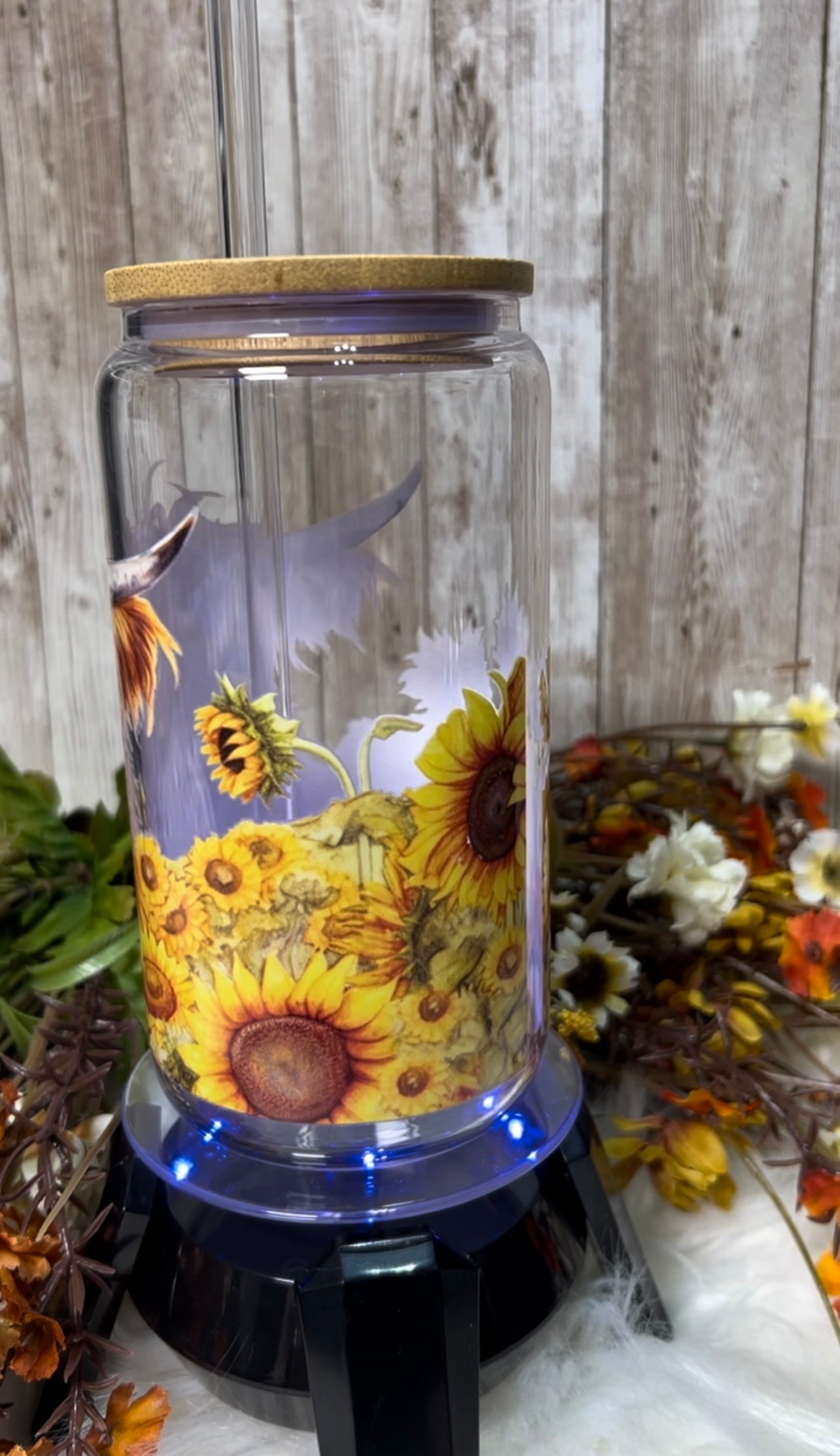 Highland Cow Sunflower |Libby Glass Tumbler with Straw and Bamboo Lid | Highland Cow Iced Coffee Glass Cup |UV DTF Transfer | Boho Highland Cow Gift