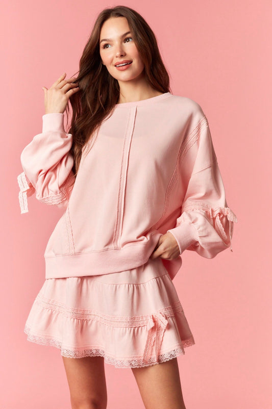 Scallop Trim Lace Detail Sweatshirt-Lt Pink