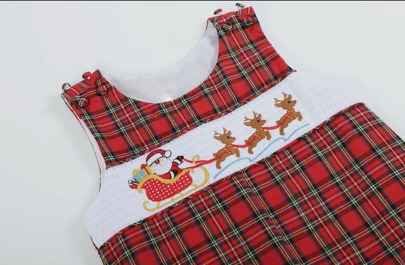 Red Christmas Plaid Santa Sleigh Smocked Overalls