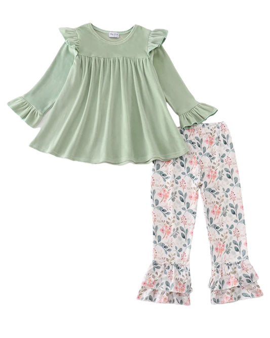 GREEN FLORAL VELVET RUFFLE SET