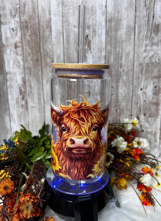 Highland Cow Sunflower |Libby Glass Tumbler with Straw and Bamboo Lid | Highland Cow Iced Coffee Glass Cup |UV DTF Transfer | Boho Highland Cow Gift