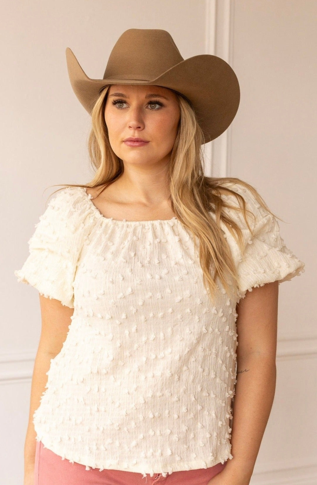 Textured Peasant Blouse-Cream