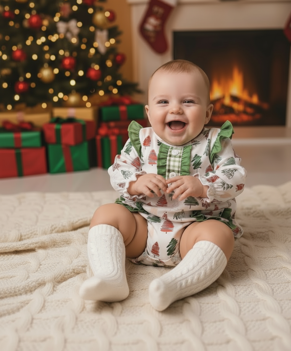 Green Christmas Tree Print Girl Ruffle Bubble