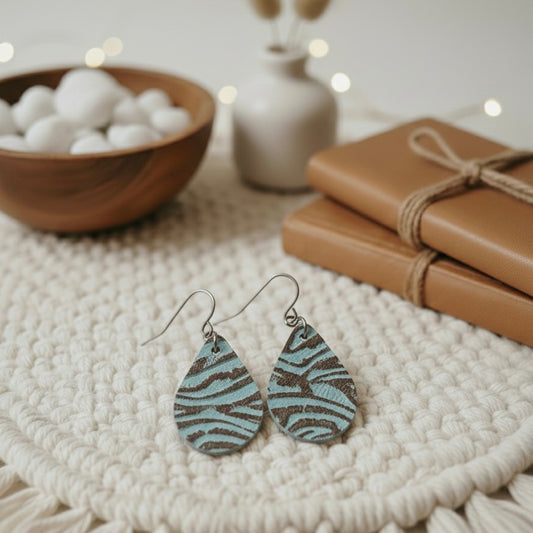 Leather Teardrop Turquoise Tooled Earrings