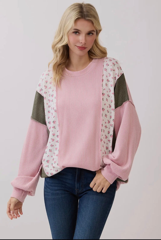 Rib Knit Floral Color Block Pullover Top