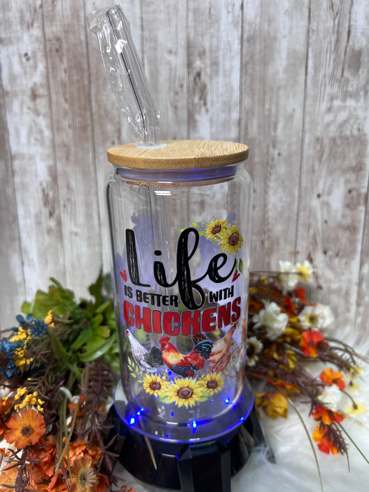 Life is Better With Chickens Glass Tumbler Cup | Chicken Gifts | Chickens and Roosters | 16oz Clear Glass Can | Libby Glass Tumbler with Straw and Bamboo Lid