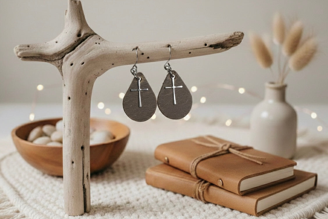 Small Teardrop Earrings: Brown Leather w/Cross