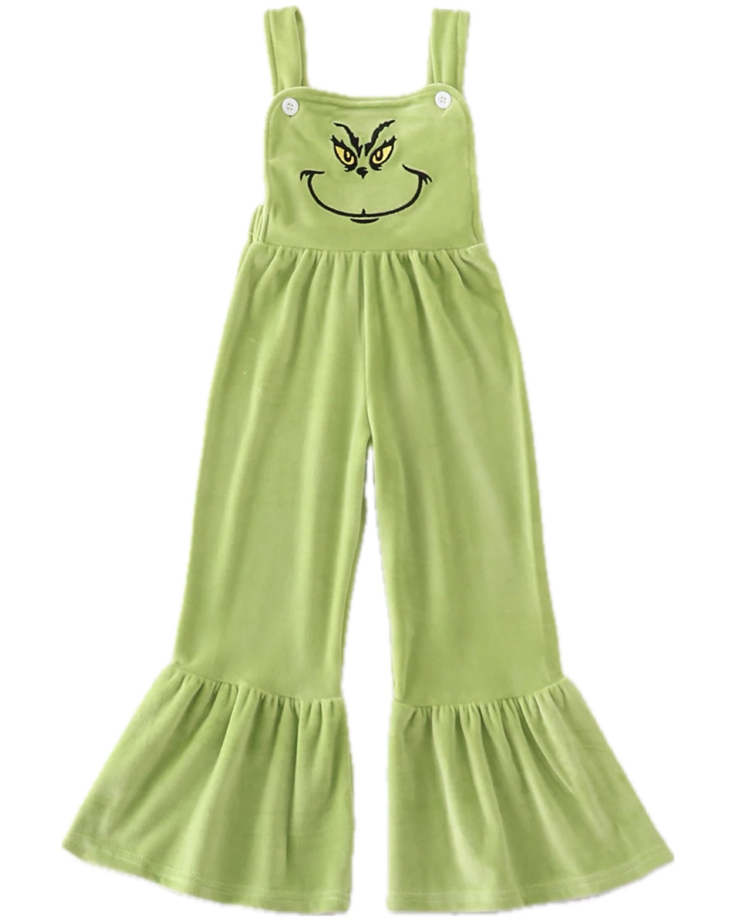 Green Velvet Christmas Character Embroidery Girl Jumpsuit