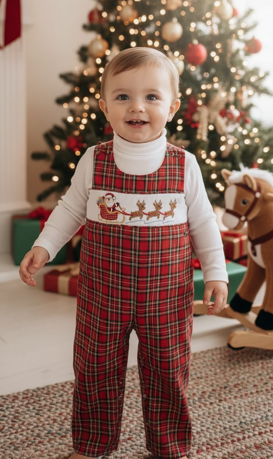 Red Christmas Plaid Santa Sleigh Smocked Overalls