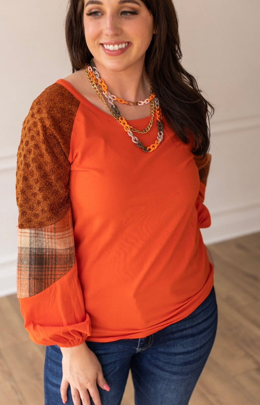 Orange Plaid & Glitter Sleeve Top