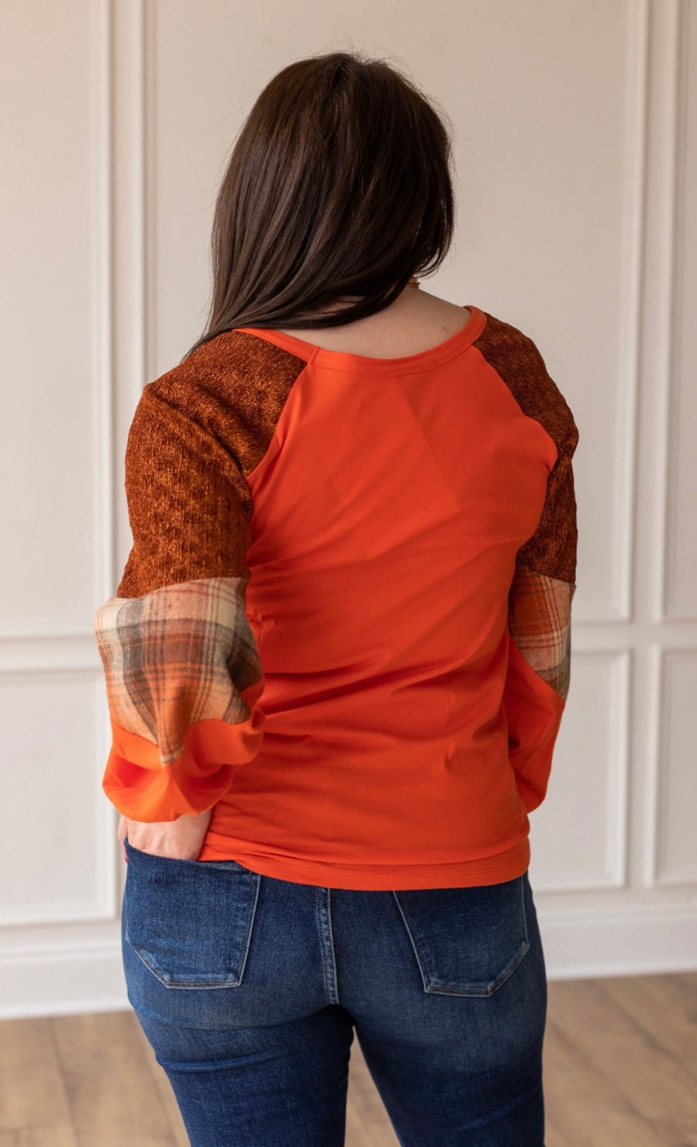 Orange Plaid & Glitter Sleeve Top