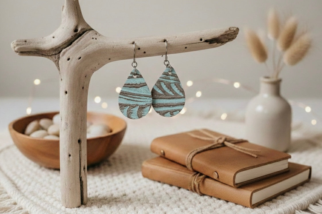 Leather Teardrop Turquoise Tooled Earrings