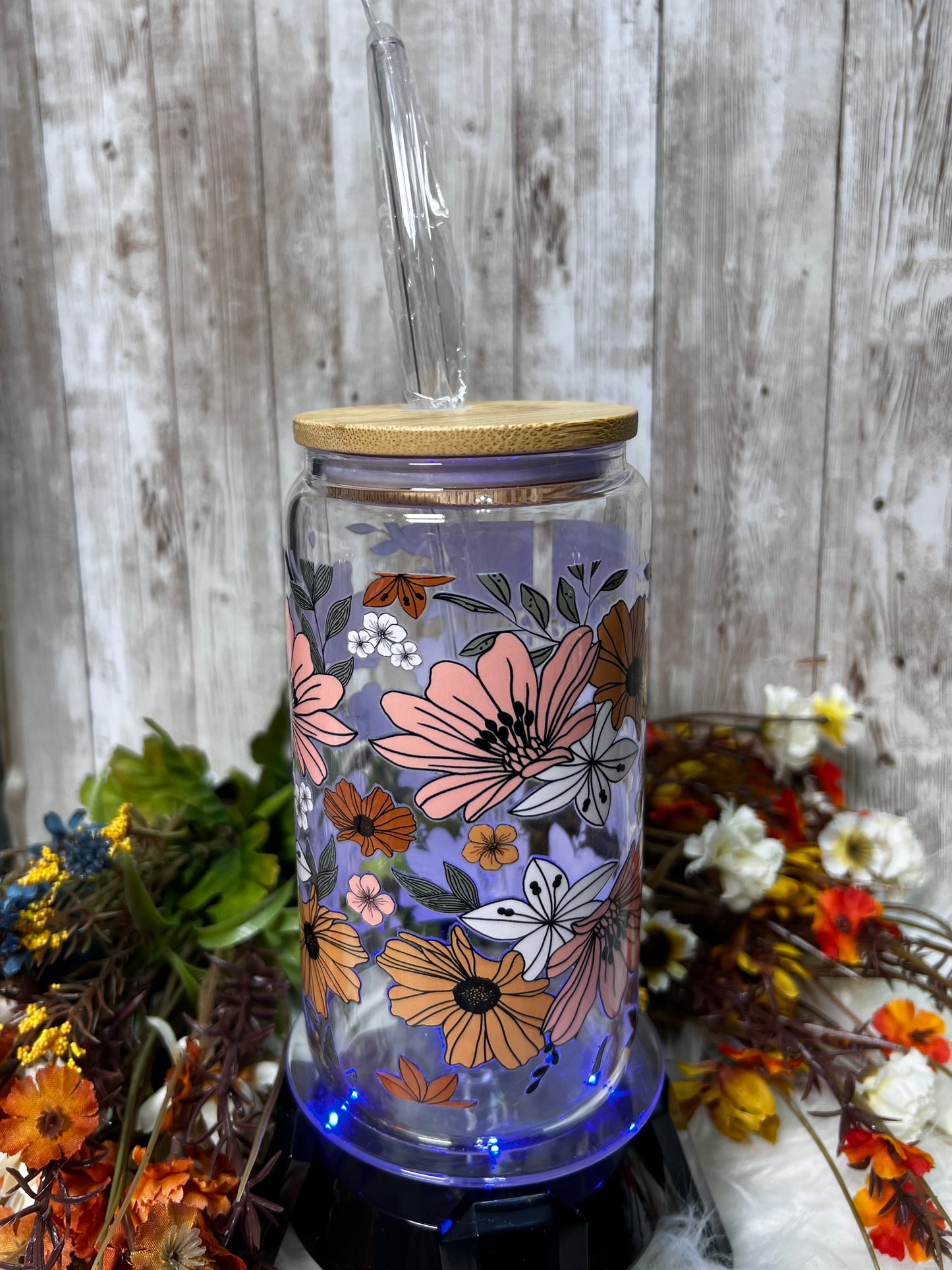 Boho Floral Libby Glass Cup Tumbler | 16 oz Glass Tumbler | Wildflower Glass Can Tumbler | Glass Can With Bamboo and Straw | Daisies and Wildflowers | Gift for Her