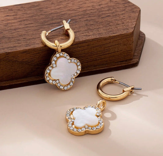Gold Rhinestone Clover Drop Hoop Earrings