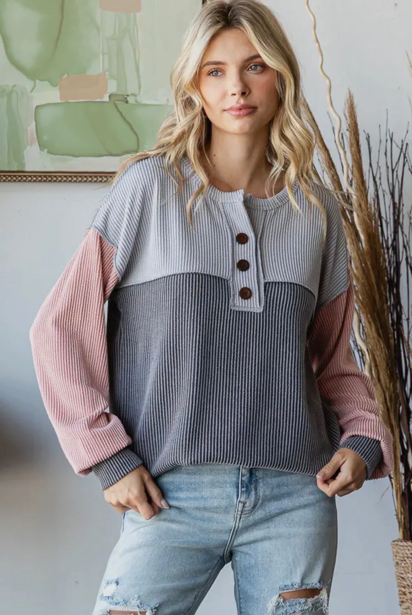 Women's Color Block Button Front Top