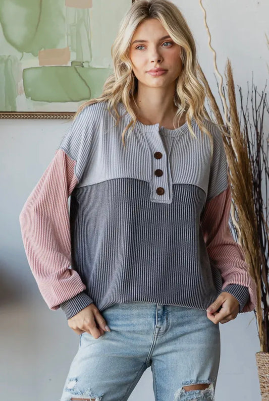 Women's Color Block Button Front Top