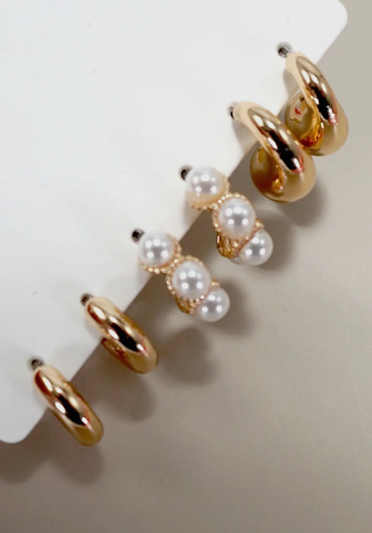 Trio Huggie Pearl Gold Hoop Earrings