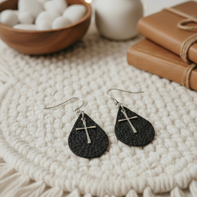Small Teardrop Earrings: Black Leather w/Cross