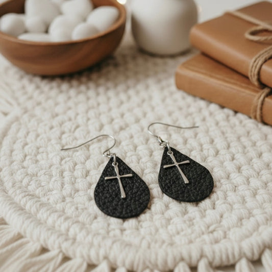 Small Teardrop Earrings: Black Leather w/Cross