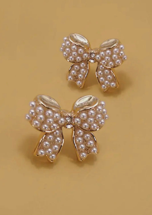 Mini Pearl Bow Ribbon Gold Earrings