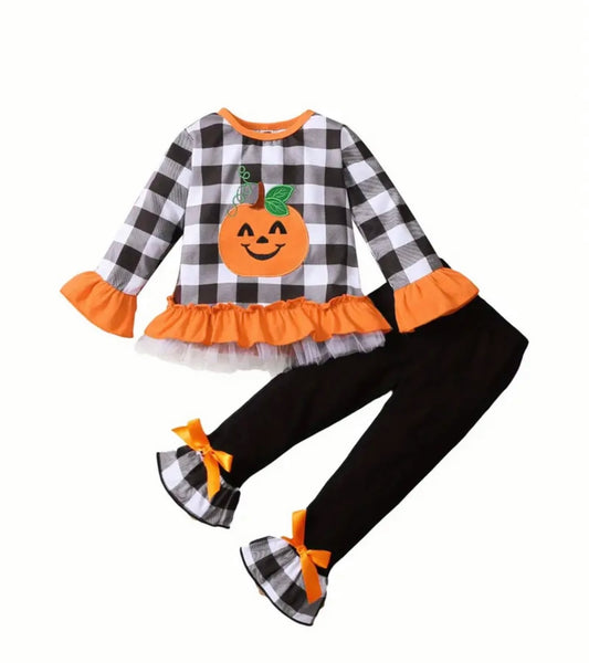 Girls Halloween Clothes Set, Pumpkin Embroidery Long Sleeve