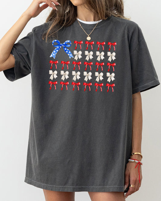 Flag Ribbons and Bows, America, Fourth Of July, Red White Blue, USA, Patriotic, Girly, Coquette, Trendy Shirt Comfort Colors T-Shirt