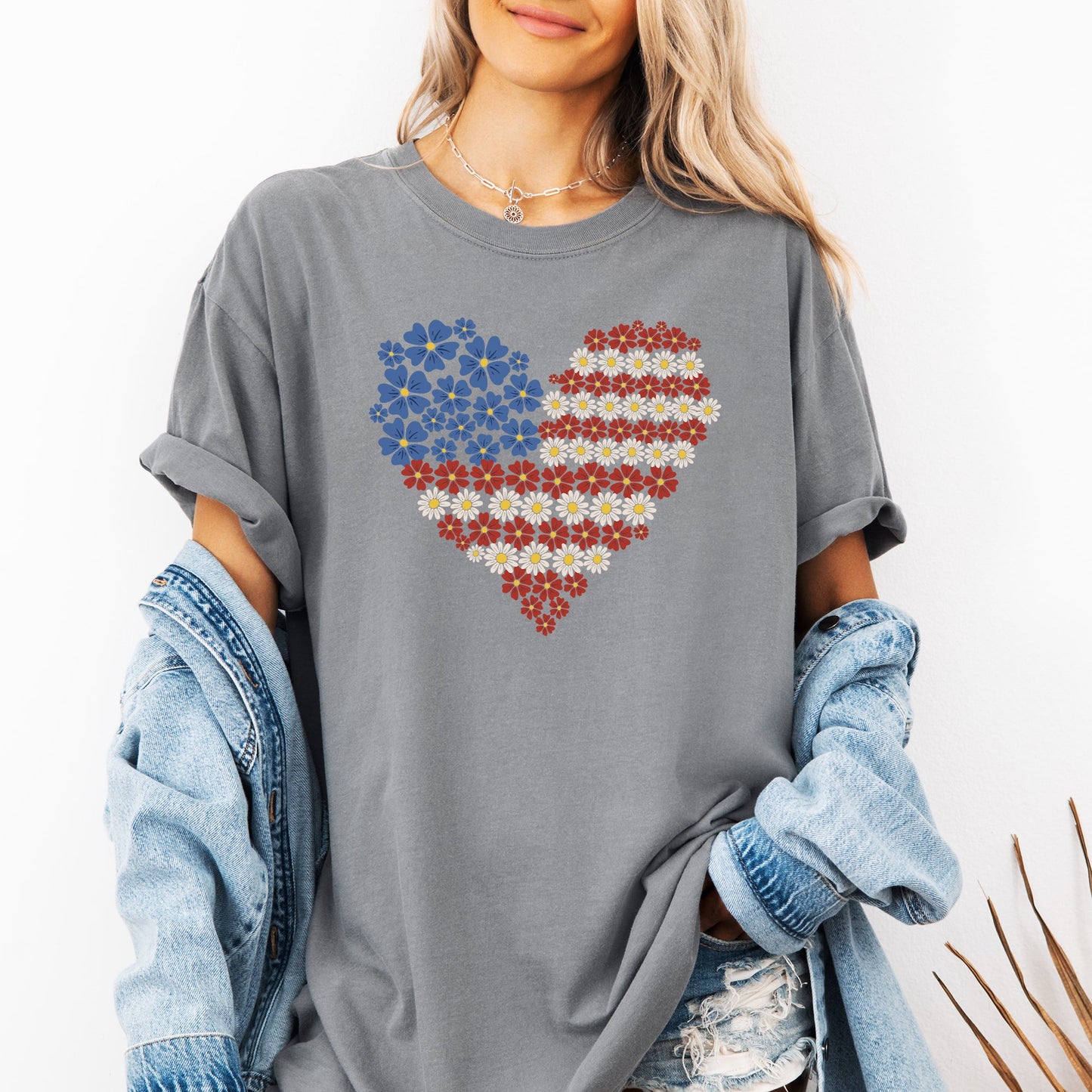 Floral Heart, Patriotic, Red White Blue, USA, America, 4th of July Tshirt Comfort Colors T-Shirt