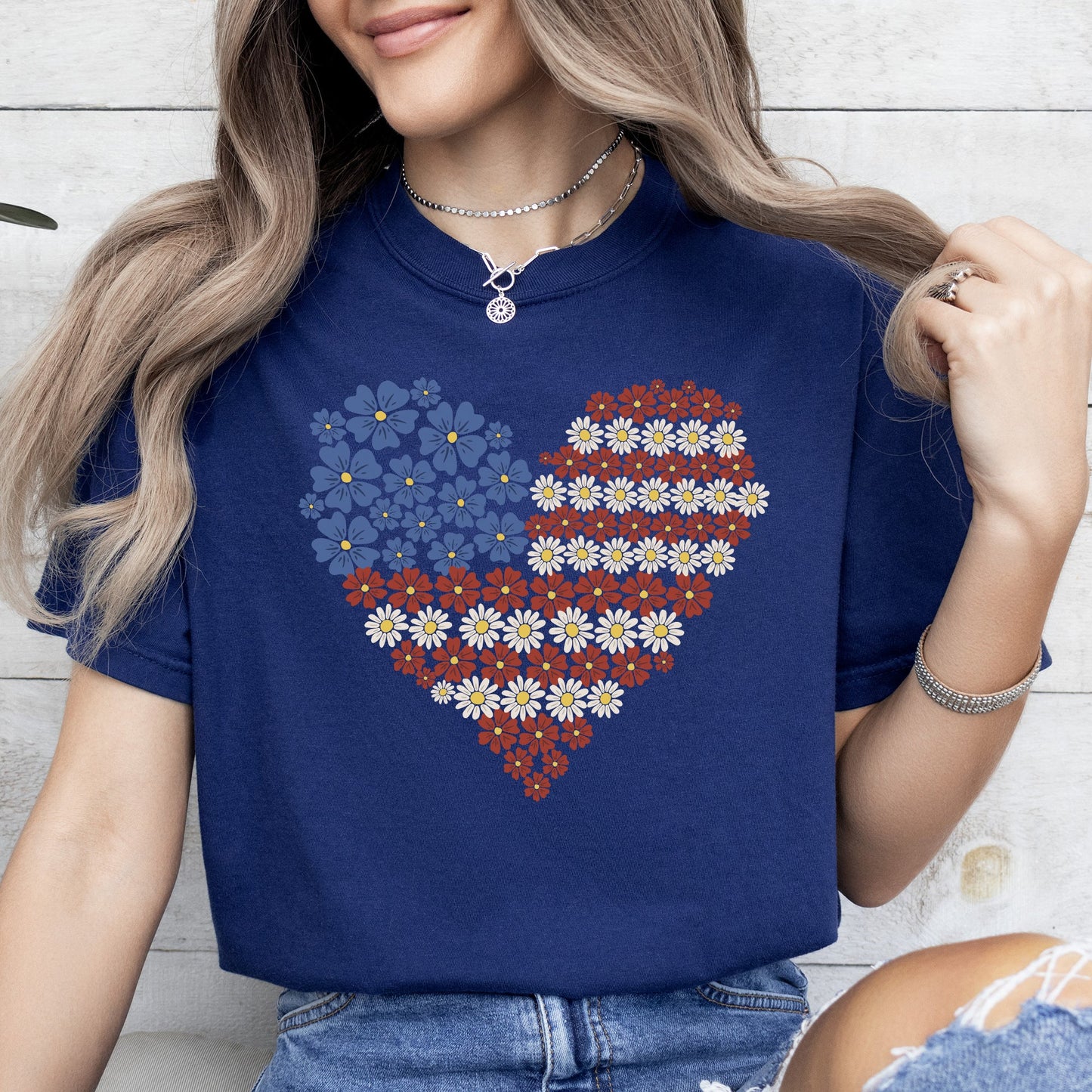 Floral Heart, Patriotic, Red White Blue, USA, America, 4th of July Tshirt Comfort Colors T-Shirt