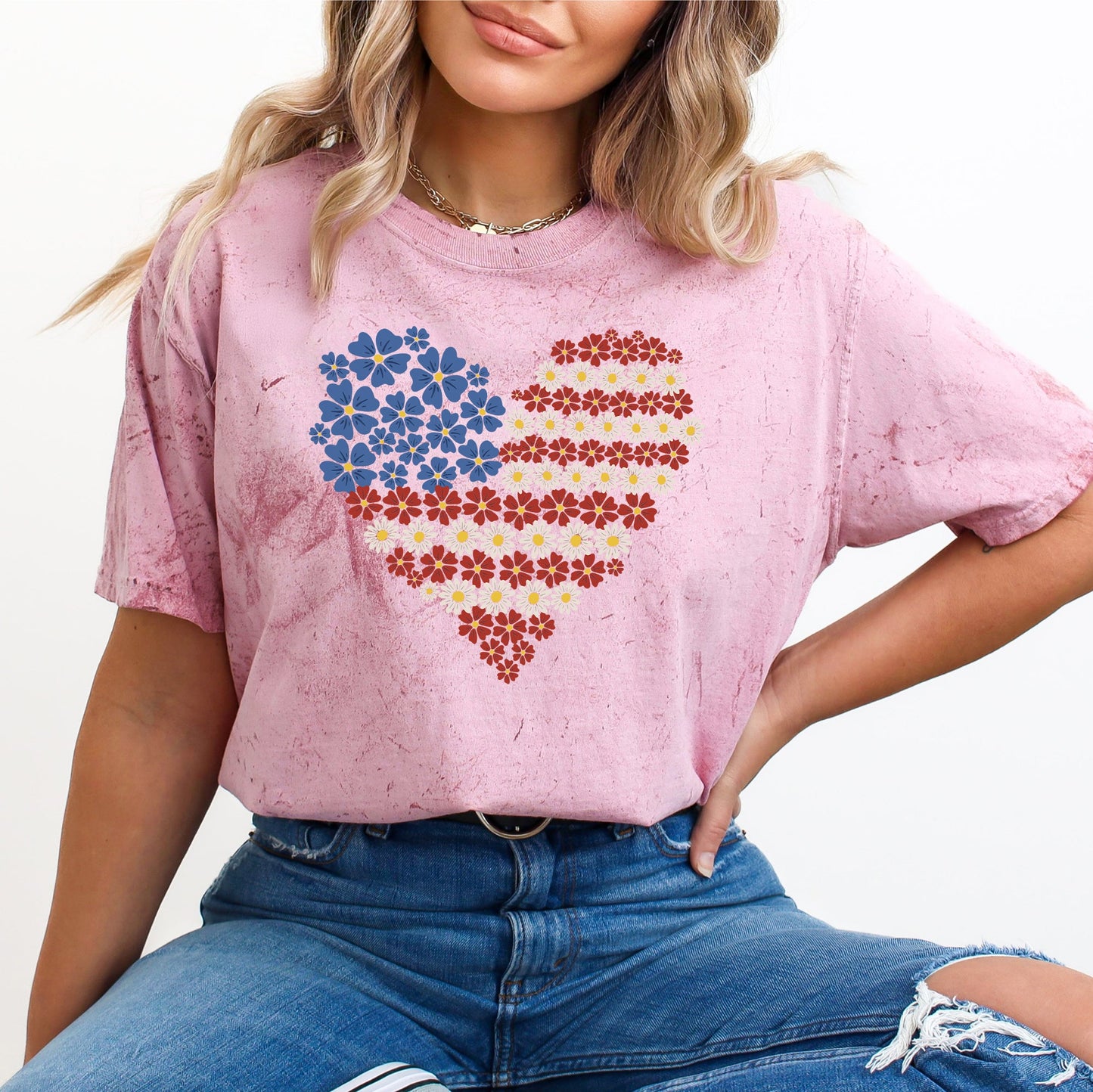 Floral Heart, Patriotic, Red White Blue, USA, America, 4th of July, Color Blast Tshirt Comfort Colors T-Shirt