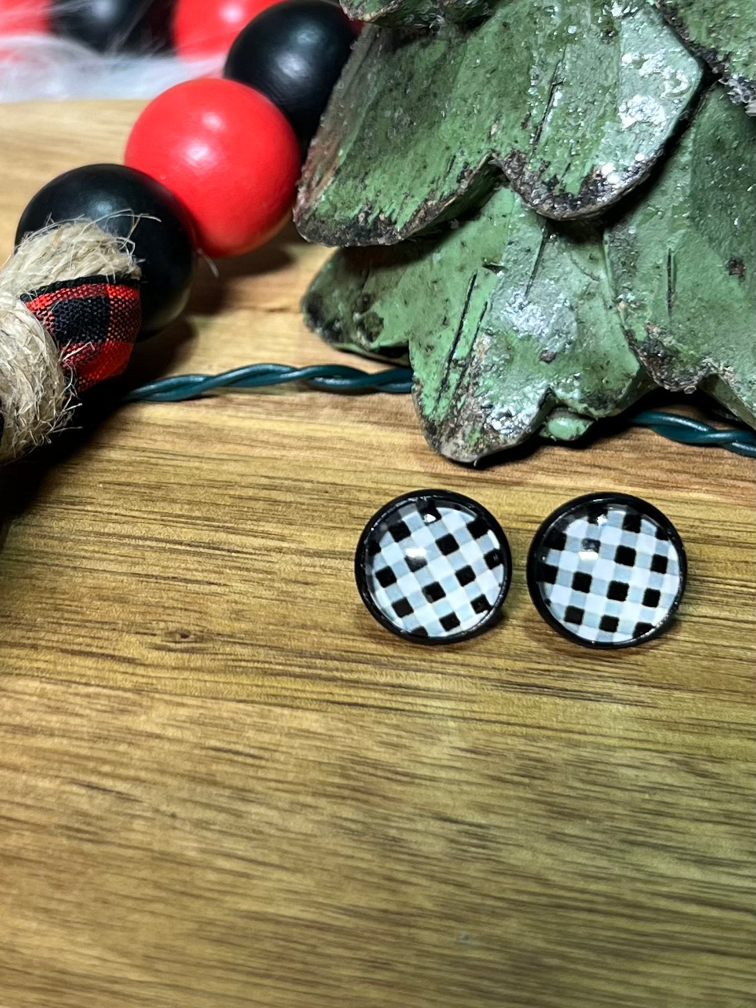 White & Black Buffalo Plaid Stud Earrings | Christmas Earrings