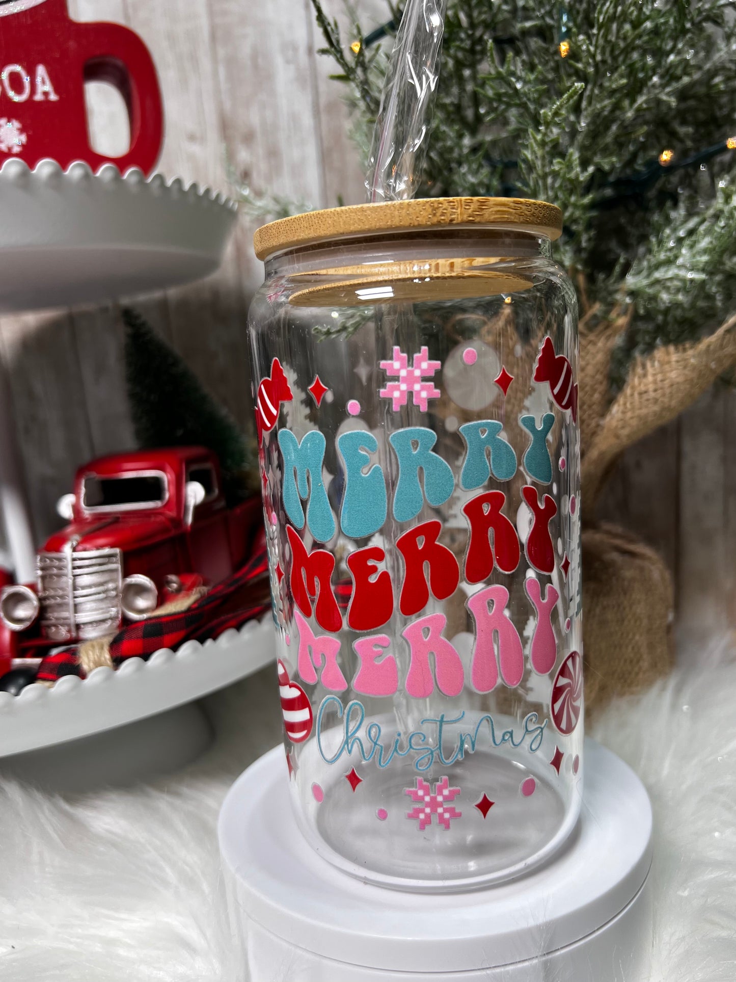 Merry Merry Merry Christmas Tree & Candy Canes 16oz Glass Libby Tumbler | Holiday Glass Can Cup | Christmas Glass Can Tumbler Cup