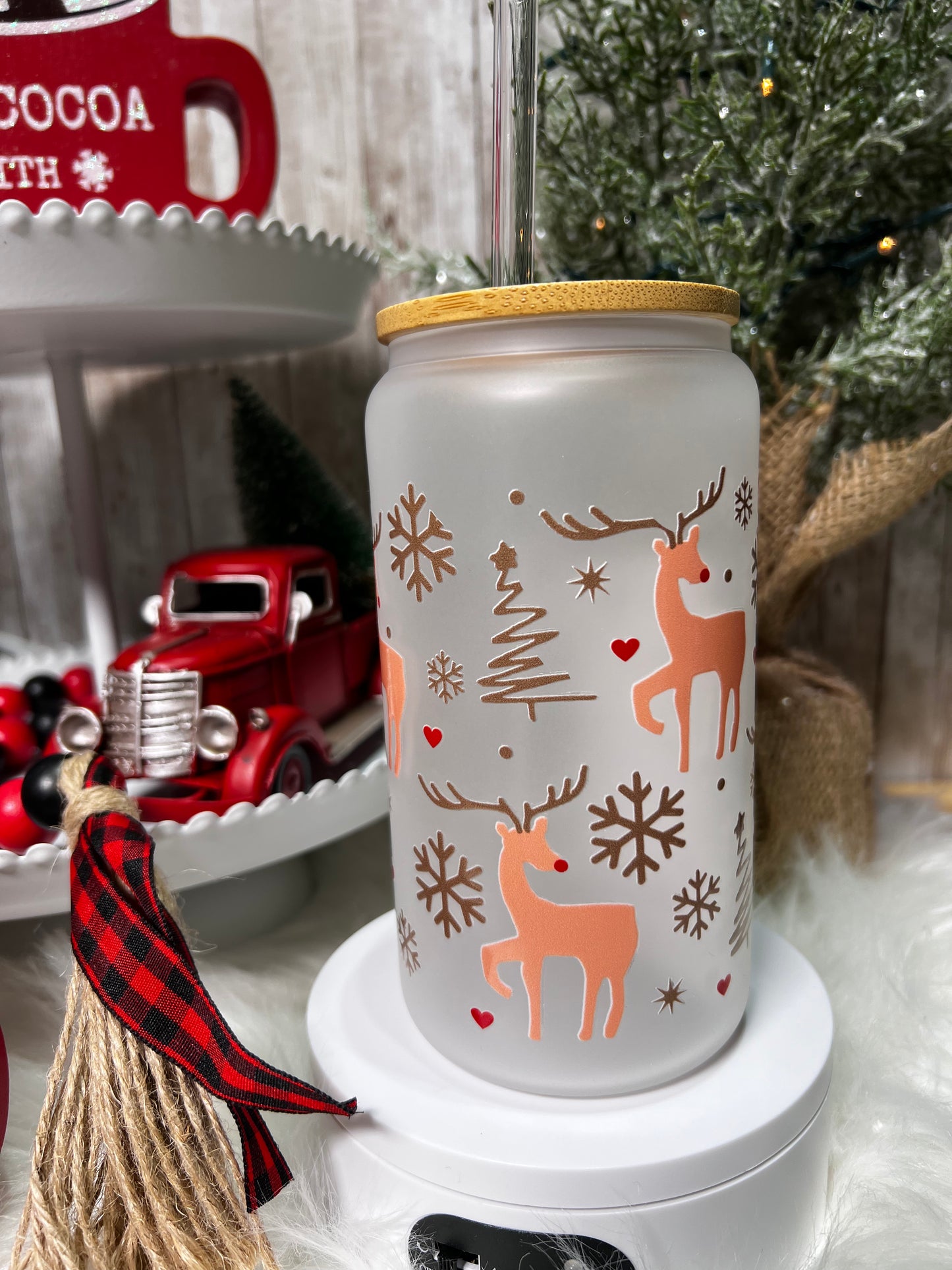 16 oz Frosted Reindeer & Snowflake Libby Tumbler | Christmas Deer Glass Cup | Snow Iced Coffee Cup | Reindeer Glass Can | Christmas Gift