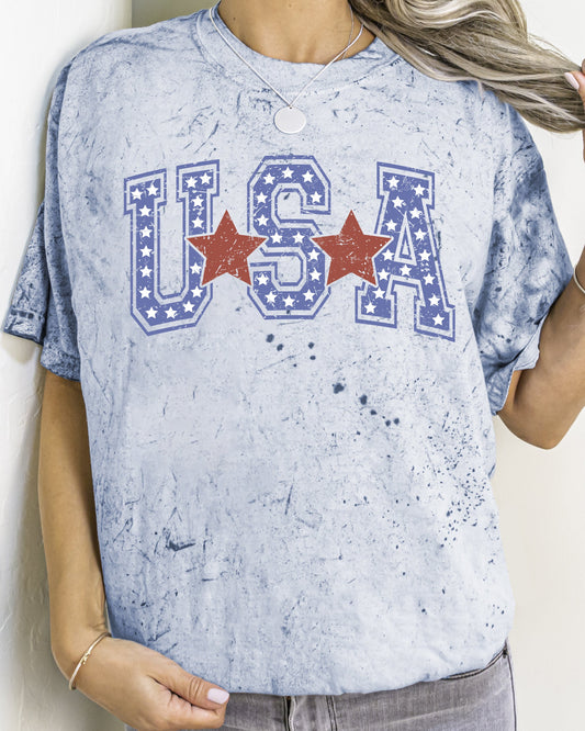 USA, Stars, Stripes, Patriotic, Vintage, Varsity Style, Color Blast, Comfort Colors Tshirt
