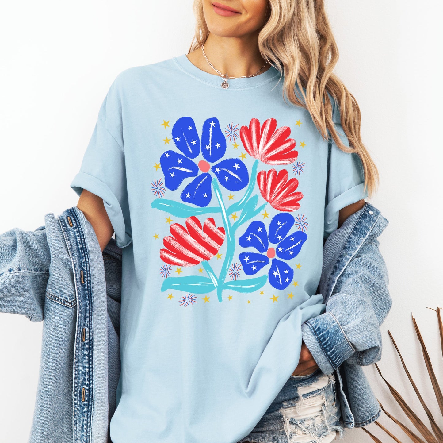 Patriotic Flowers, Red White Blue, America, USA, 4th of July Tshirt Comfort Colors T-Shirt