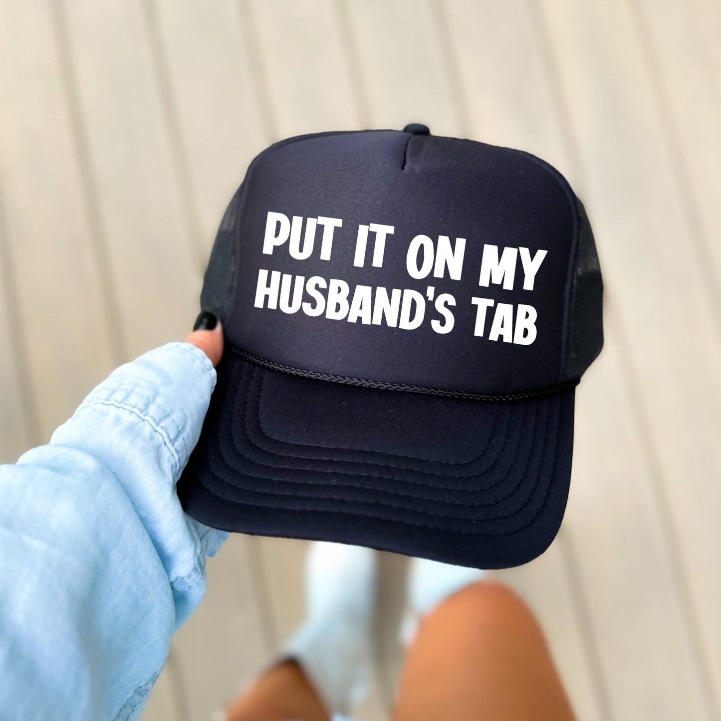 Put It on My Husband’s Tab, Sassy, Funny, Black Snapback Trucker Hat
