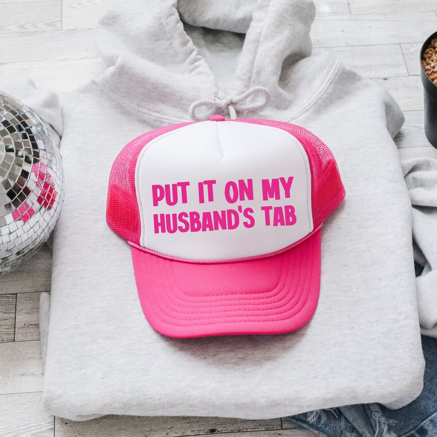 Put It on My Husband’s Tab, Sassy, Funny, Bright Pink Snapback Trucker Hat