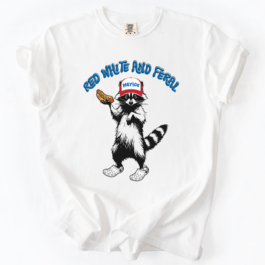Red White and Feral, Raccoon, Funny, Fourth of July, America, Patriotic, USA, Comfort Colors T-Shirt