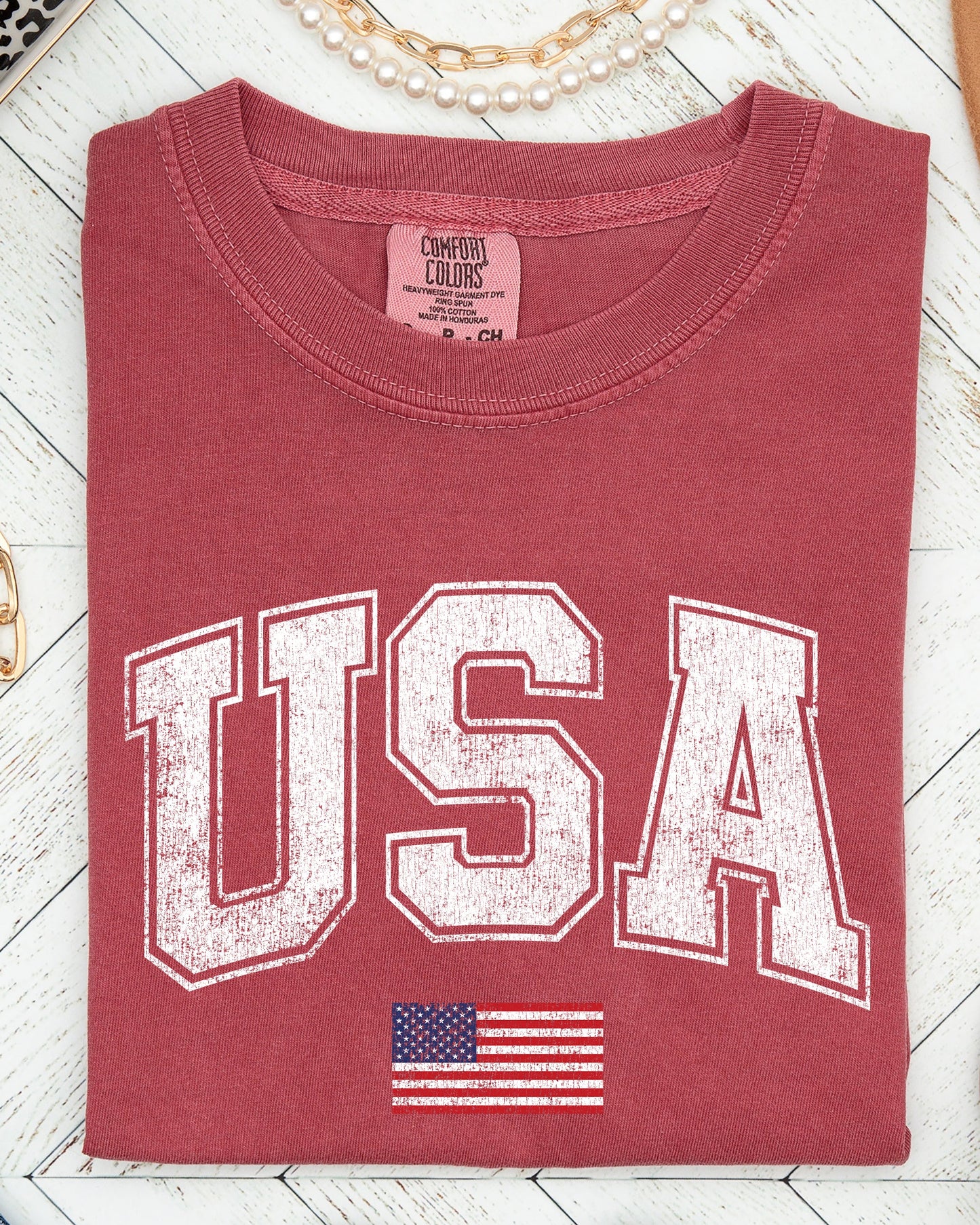 USA, Flag, Collegiate, Varsity, Olympics, Patriotic, Independence Day, Fourth Of July, America Shirt Comfort Colors T-Shirt