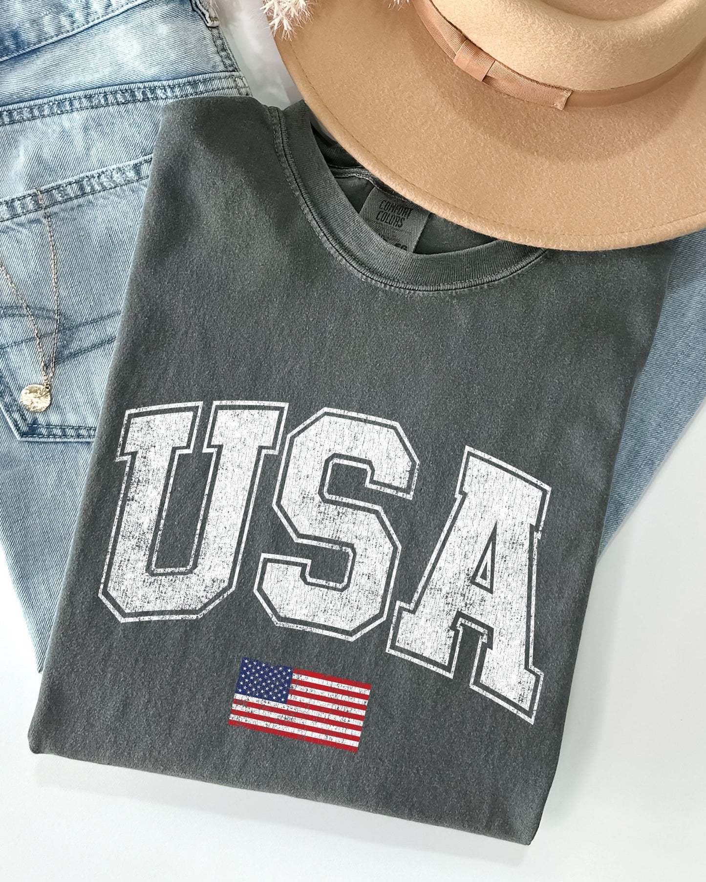USA, Flag, Collegiate, Varsity, Olympics, Patriotic, Independence Day, Fourth Of July, America Shirt Comfort Colors T-Shirt