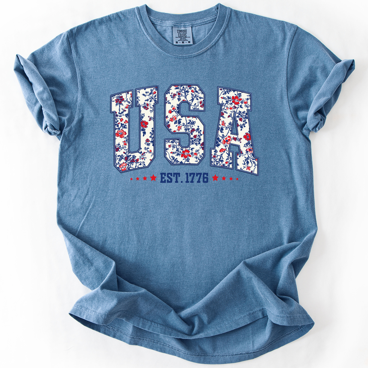 USA, Floral Pattern, Est 1776, Patriotic, America, Comfort Colors T-Shirt
