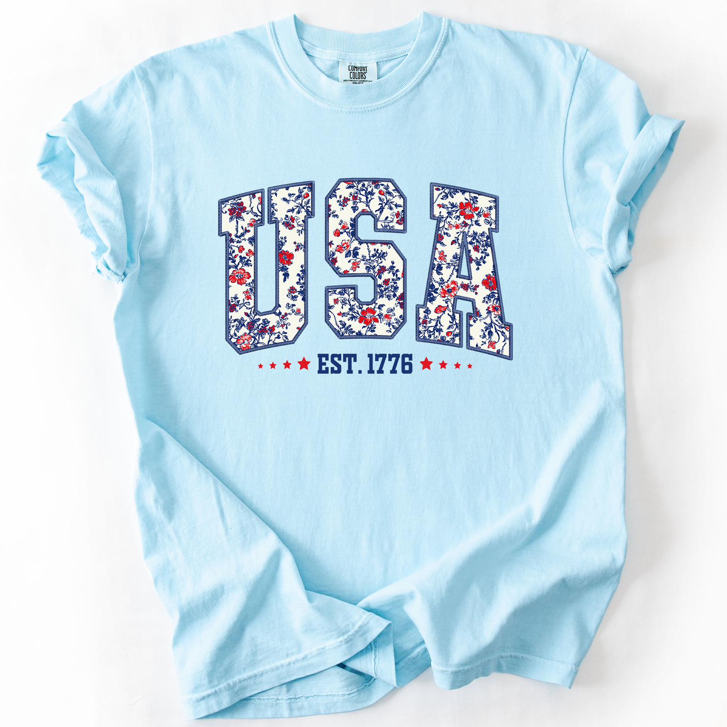 USA, Floral Pattern, Est 1776, Patriotic, America, Comfort Colors T-Shirt