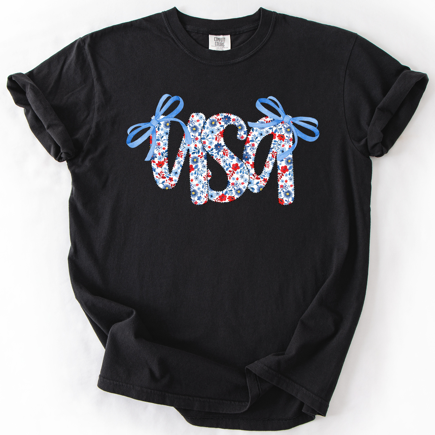 USA, Patriotic Floral Patterns, Ribbons, Fourth of July, America, Comfort Colors T-Shirt